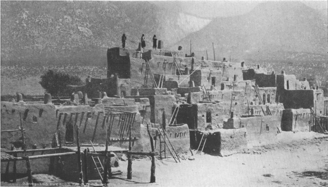 The Pueblo of Taos, where the houses are practically
communal dwellings five stories in height